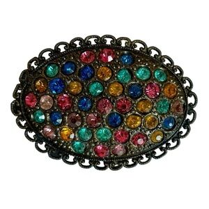 Vintage Pot Metal Brooch With Multicolored Rhinestones